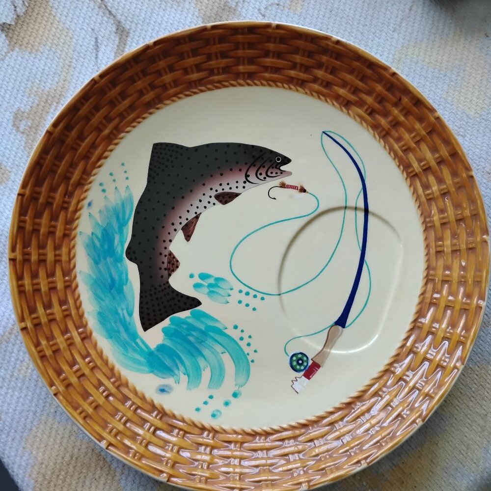 R U. Finney Trout Whimsy Big Sky Ceramic 13 1/2 Plate Server Around Lure Cabin